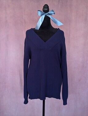 Feierai Navy Knit Sweater Lantern Sleeve Cozy Pullover